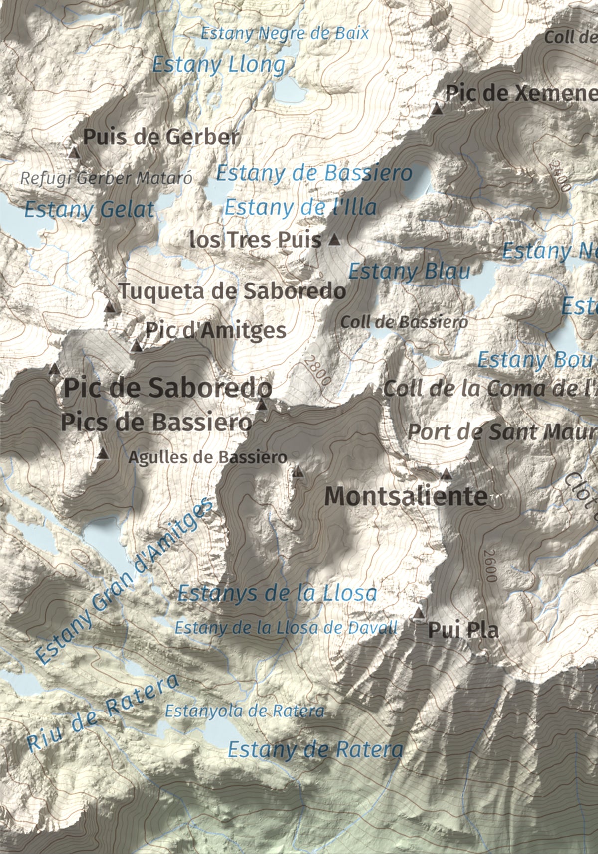Mapa de relieve de Pui de la Bonaigua, 2778 m, Pallars Sobirà, lámina 100 Cims de Trobart. Detalle de la zona inferior izquierda. 21 × 30 cm.
