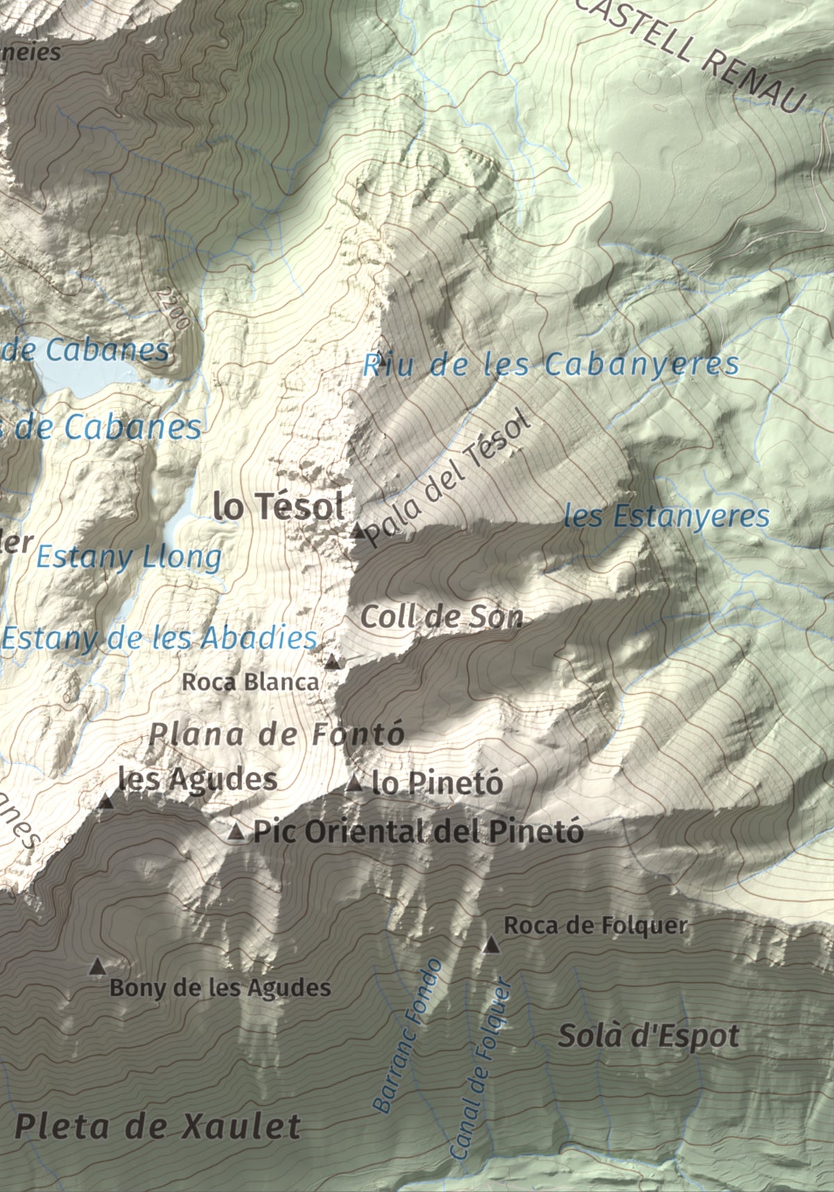 Mapa de relieve de Pui de la Bonaigua, 2778 m, Pallars Sobirà, lámina 100 Cims de Trobart. Detalle de la zona inferior derecha. 21 × 30 cm.