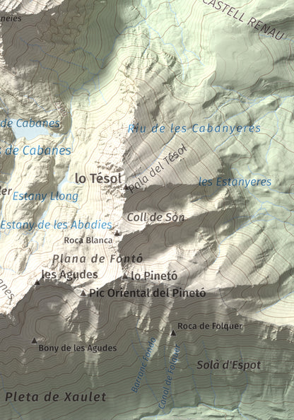 Mapa de relieve de Pui de la Bonaigua, 2778 m, Pallars Sobirà, lámina 100 Cims de Trobart. Detalle de la zona inferior derecha. 21 × 30 cm.