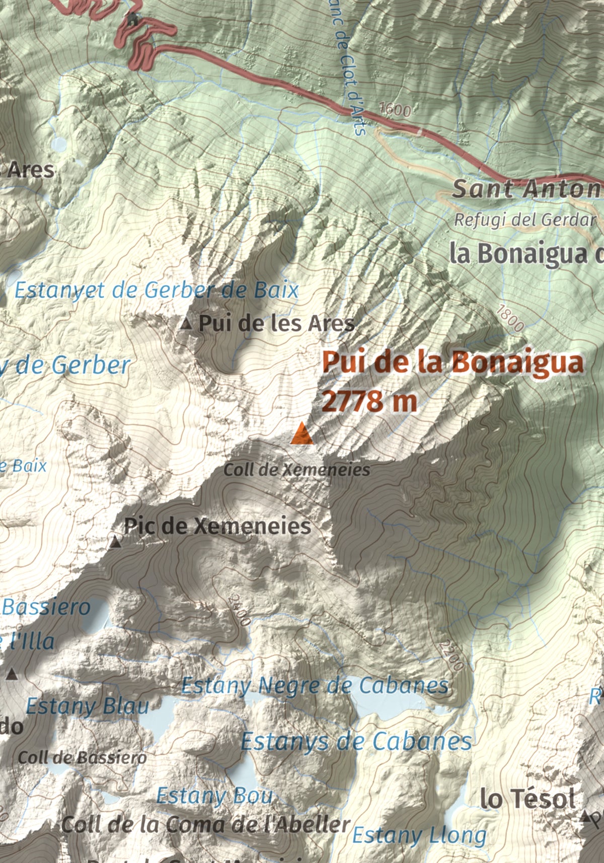 Mapa de relieve de Pui de la Bonaigua, 2778 m, Pallars Sobirà, lámina 100 Cims de Trobart. Detalle de la zona central. 21 × 30 cm.