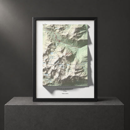 Mapa de relieve de Pui de la Bonaigua, 2778 m, Pallars Sobirà, lámina 100 Cims de Trobart. Presentación enmarcada. 30 × 40 cm.