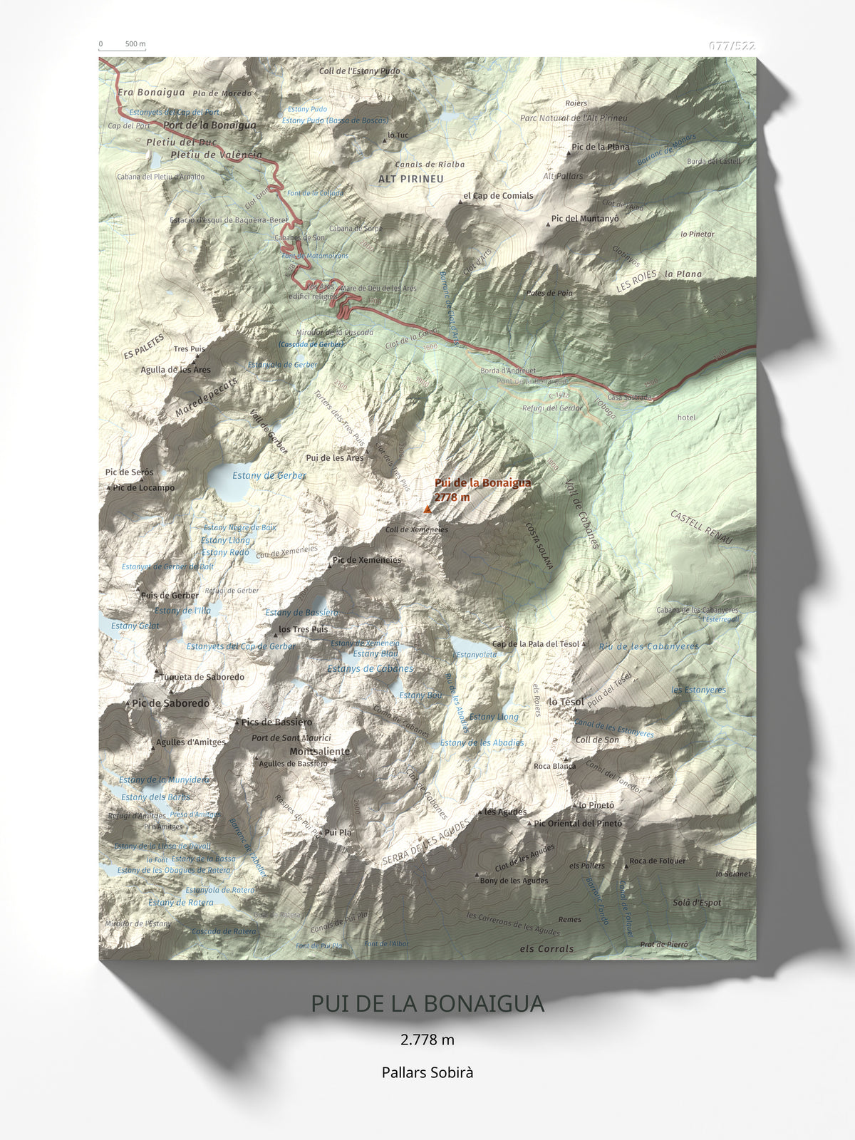 Mapa de relieve de Pui de la Bonaigua, 2778 m, Pallars Sobirà, lámina 100 Cims de Trobart 30 × 40 cm.