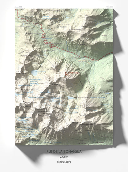 Mapa de relieve de Pui de la Bonaigua, 2778 m, Pallars Sobirà, lámina 100 Cims de Trobart 30 × 40 cm.
