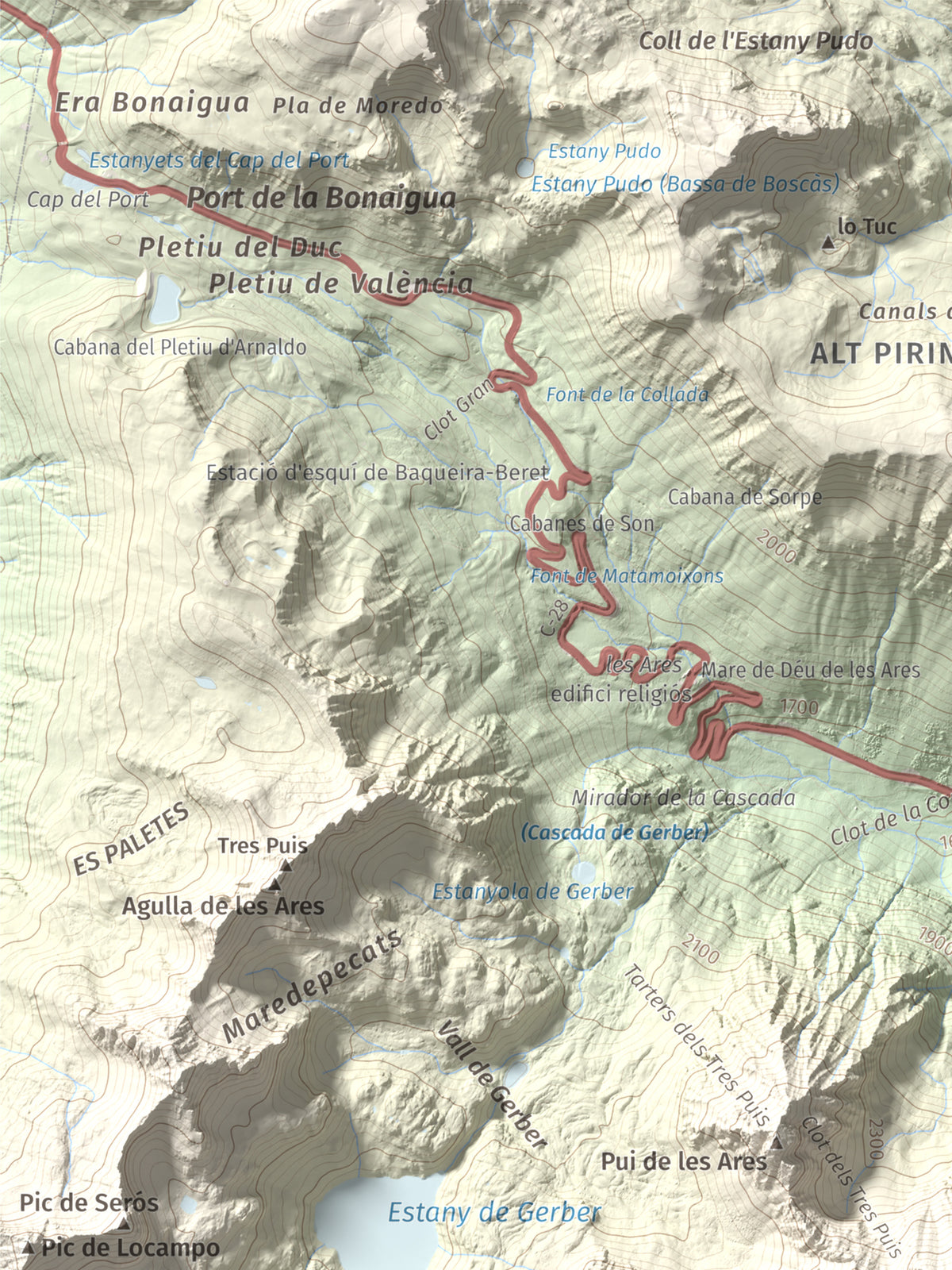 Mapa de relieve de Pui de la Bonaigua, 2778 m, Pallars Sobirà, lámina 100 Cims de Trobart. Detalle de la zona superior izquierda. 30 × 40 cm.