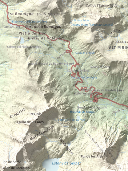 Mapa de relieve de Pui de la Bonaigua, 2778 m, Pallars Sobirà, lámina 100 Cims de Trobart. Detalle de la zona superior izquierda. 30 × 40 cm.