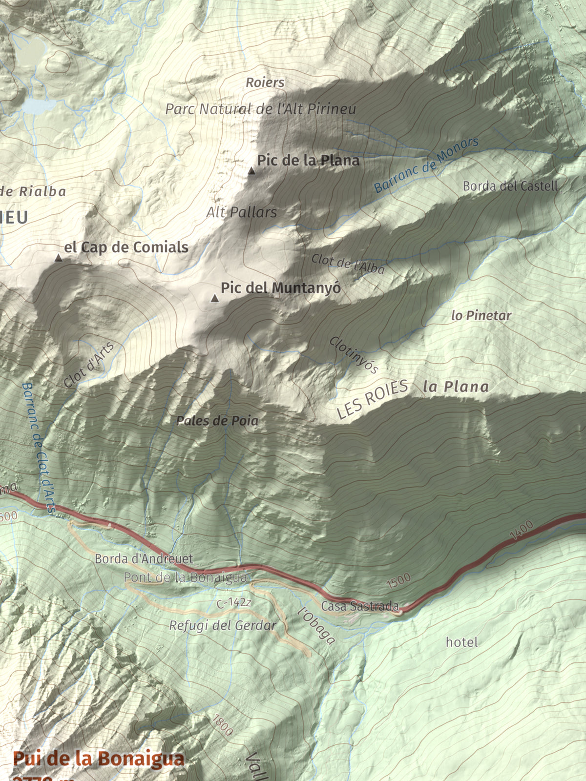 Mapa de relieve de Pui de la Bonaigua, 2778 m, Pallars Sobirà, lámina 100 Cims de Trobart. Detalle de la zona superior derecha. 30 × 40 cm.