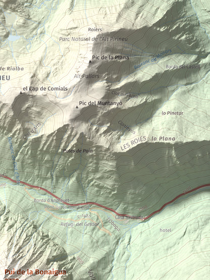 Mapa de relieve de Pui de la Bonaigua, 2778 m, Pallars Sobirà, lámina 100 Cims de Trobart. Detalle de la zona superior derecha. 30 × 40 cm.
