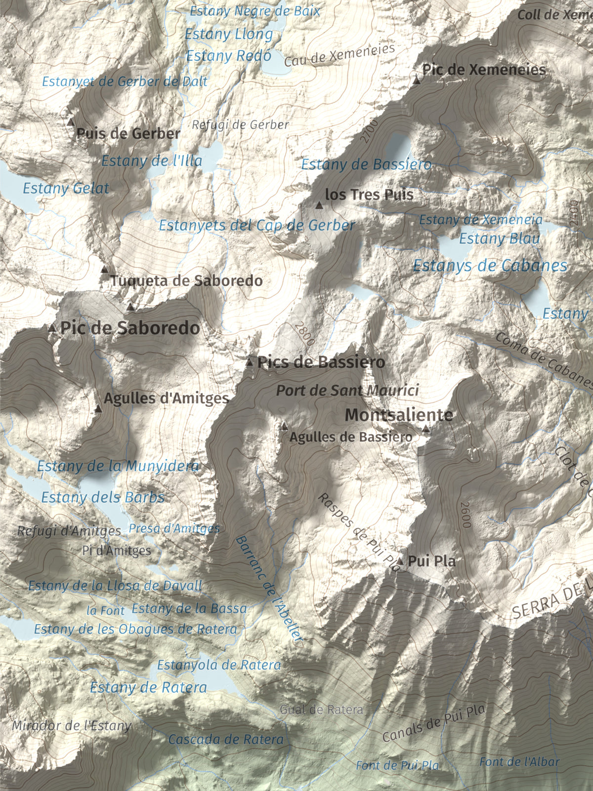 Mapa de relieve de Pui de la Bonaigua, 2778 m, Pallars Sobirà, lámina 100 Cims de Trobart. Detalle de la zona inferior izquierda. 30 × 40 cm.