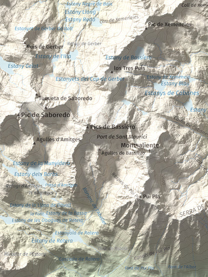 Mapa de relieve de Pui de la Bonaigua, 2778 m, Pallars Sobirà, lámina 100 Cims de Trobart. Detalle de la zona inferior izquierda. 30 × 40 cm.