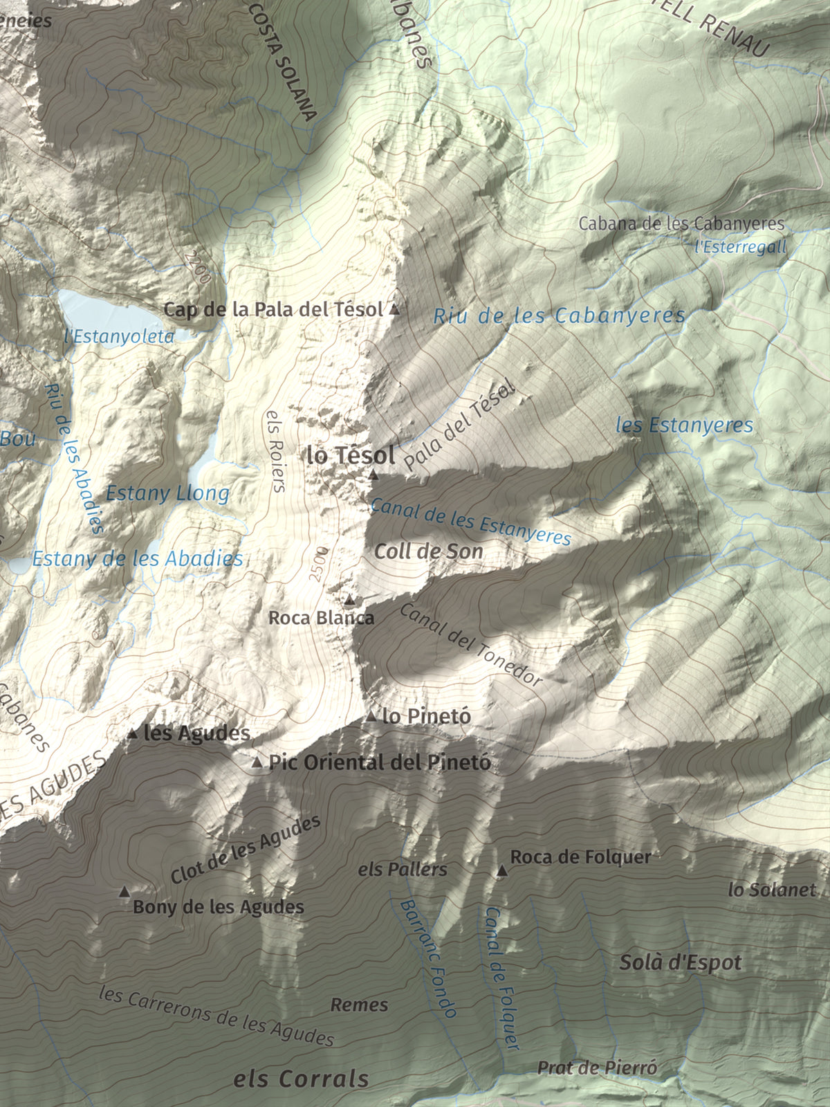 Mapa de relieve de Pui de la Bonaigua, 2778 m, Pallars Sobirà, lámina 100 Cims de Trobart. Detalle de la zona inferior derecha. 30 × 40 cm.