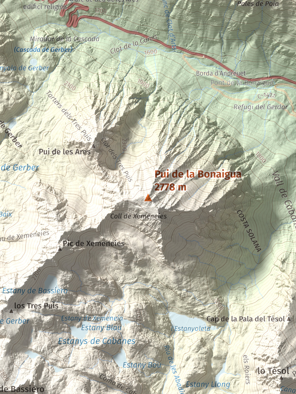 Mapa de relieve de Pui de la Bonaigua, 2778 m, Pallars Sobirà, lámina 100 Cims de Trobart. Detalle de la zona central. 30 × 40 cm.
