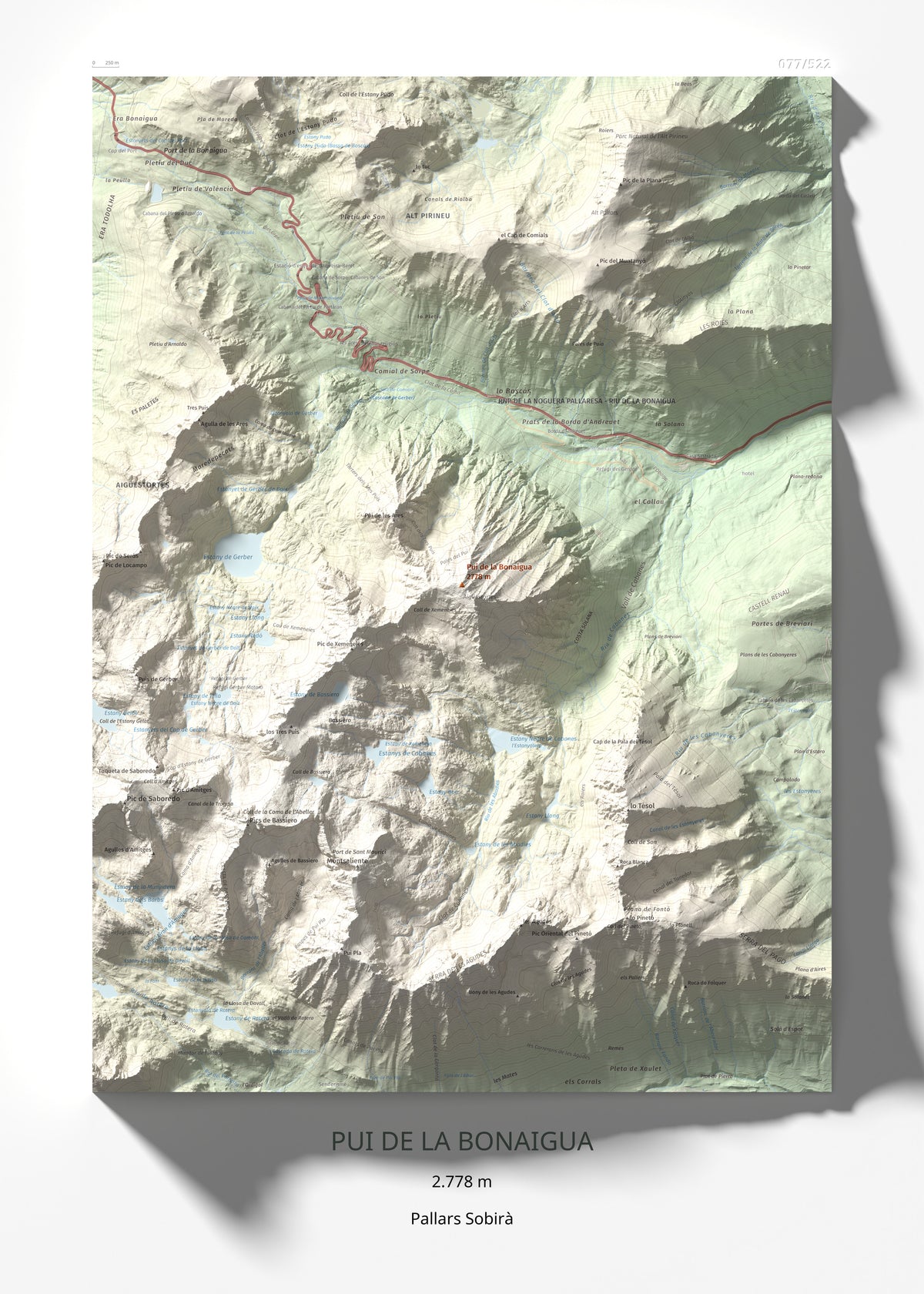 Mapa de relieve de Pui de la Bonaigua, 2778 m, Pallars Sobirà, lámina 100 Cims de Trobart 50 × 70 cm.