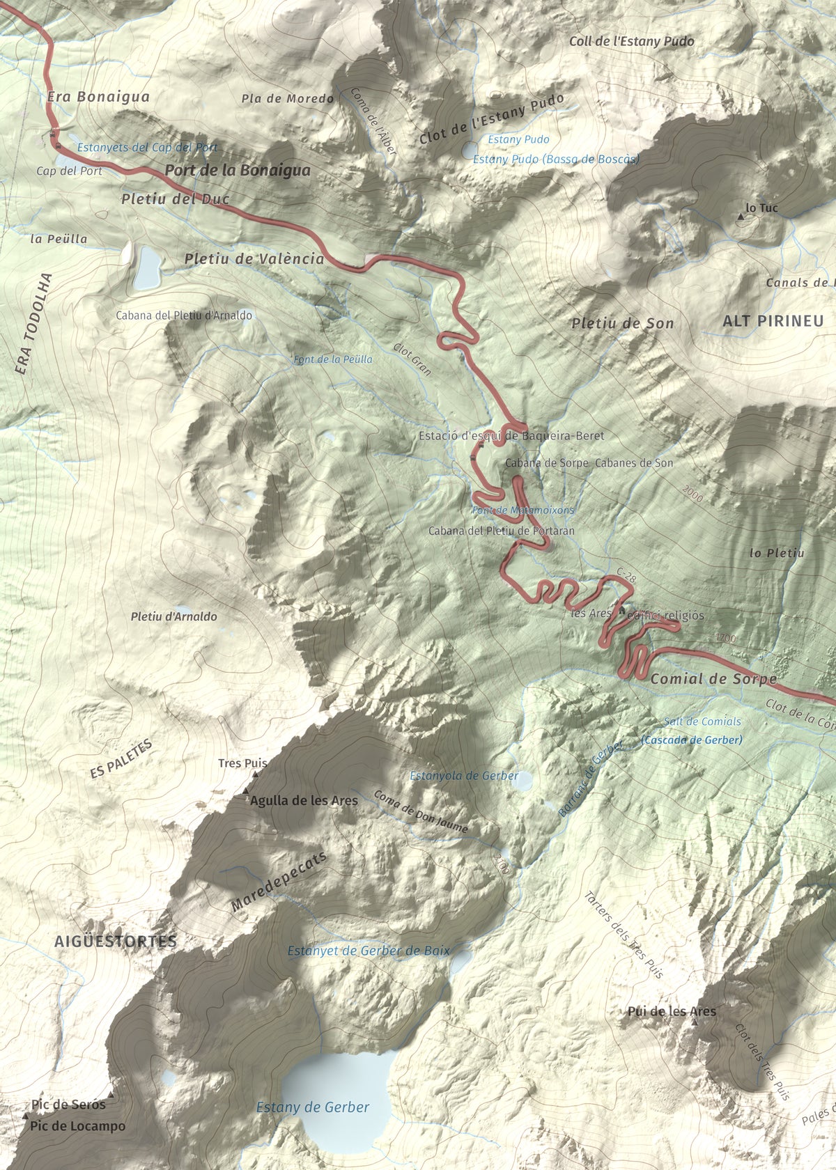 Mapa de relieve de Pui de la Bonaigua, 2778 m, Pallars Sobirà, lámina 100 Cims de Trobart. Detalle de la zona superior izquierda. 50 × 70 cm.