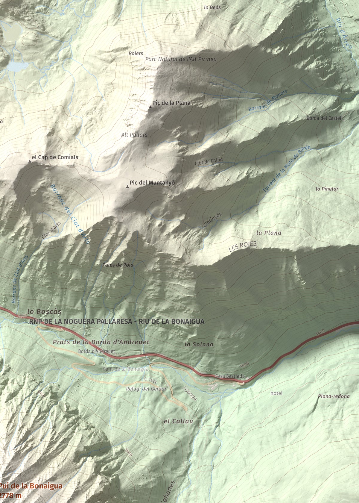 Mapa de relieve de Pui de la Bonaigua, 2778 m, Pallars Sobirà, lámina 100 Cims de Trobart. Detalle de la zona superior derecha. 50 × 70 cm.