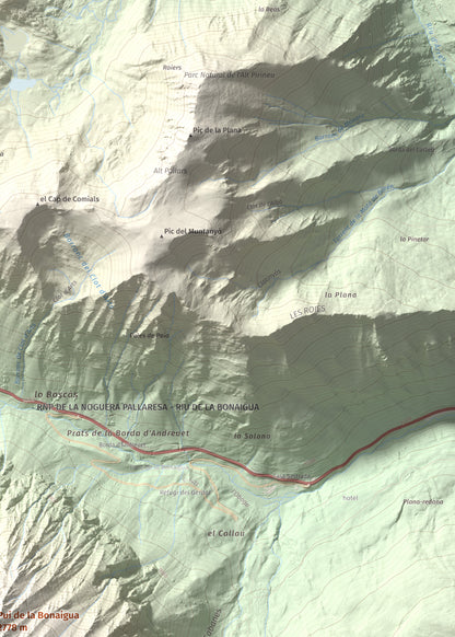 Mapa de relieve de Pui de la Bonaigua, 2778 m, Pallars Sobirà, lámina 100 Cims de Trobart. Detalle de la zona superior derecha. 50 × 70 cm.