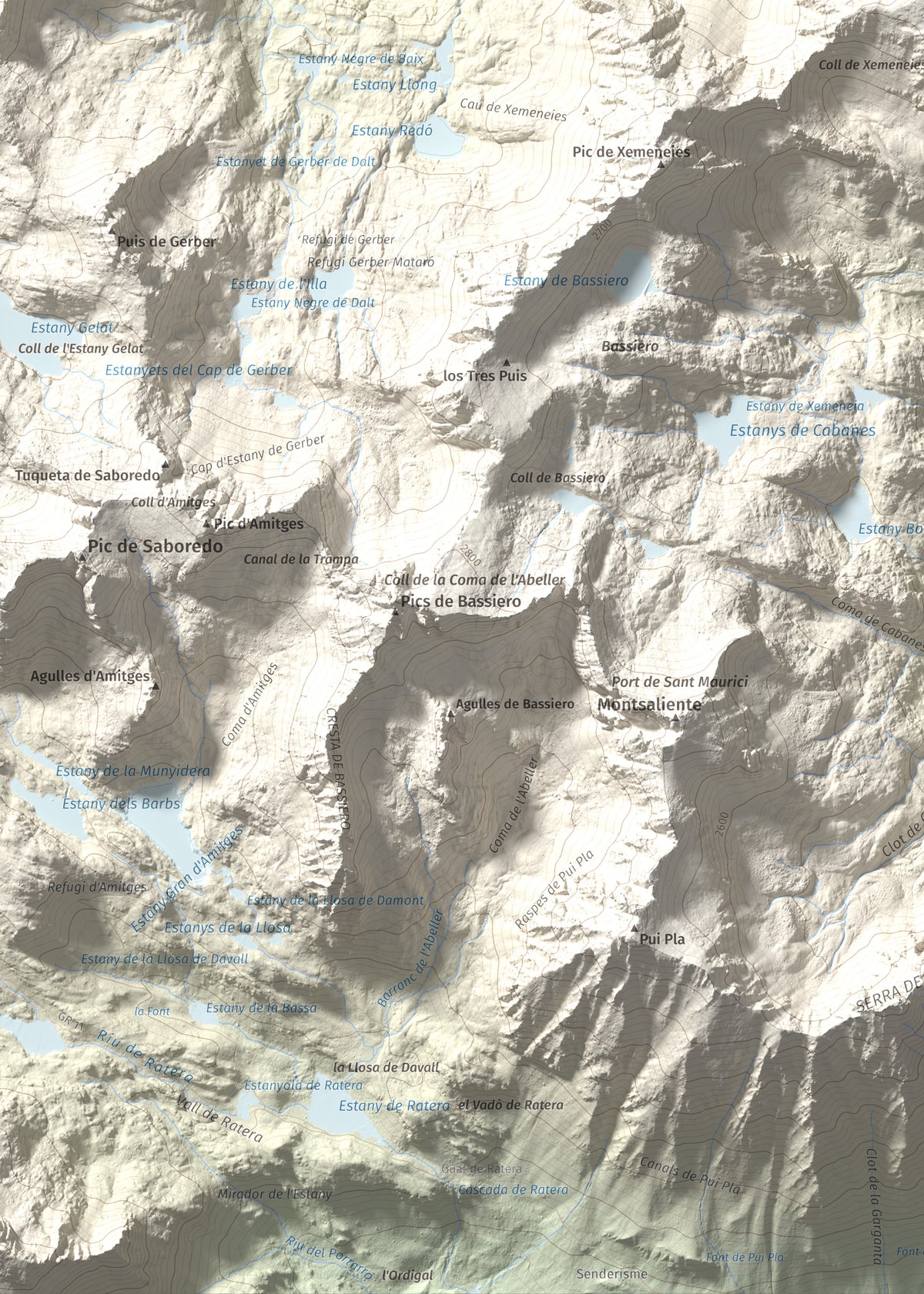 Mapa de relieve de Pui de la Bonaigua, 2778 m, Pallars Sobirà, lámina 100 Cims de Trobart. Detalle de la zona inferior izquierda. 50 × 70 cm.