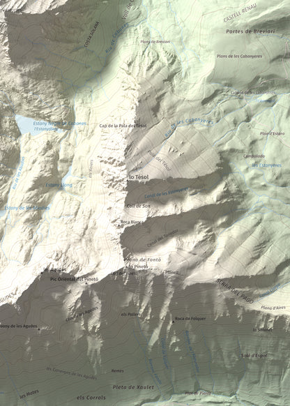 Mapa de relieve de Pui de la Bonaigua, 2778 m, Pallars Sobirà, lámina 100 Cims de Trobart. Detalle de la zona inferior derecha. 50 × 70 cm.