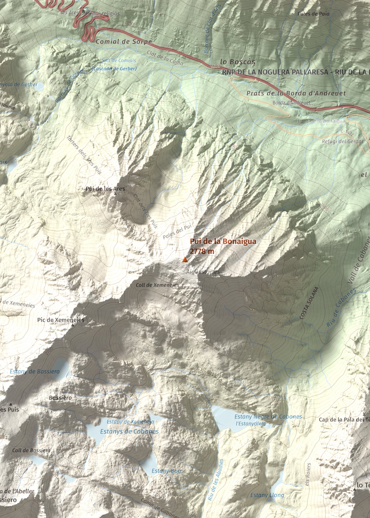 Mapa de relieve de Pui de la Bonaigua, 2778 m, Pallars Sobirà, lámina 100 Cims de Trobart. Detalle de la zona central. 50 × 70 cm.