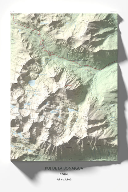 Mapa de relieve de Pui de la Bonaigua, 2778 m, Pallars Sobirà, lámina 100 Cims de Trobart 61 × 91 cm.