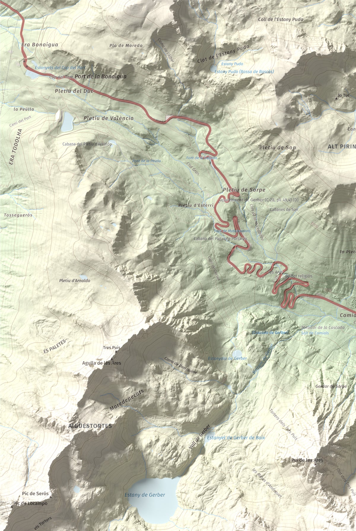Mapa de relieve de Pui de la Bonaigua, 2778 m, Pallars Sobirà, lámina 100 Cims de Trobart. Detalle de la zona superior izquierda. 61 × 91 cm.