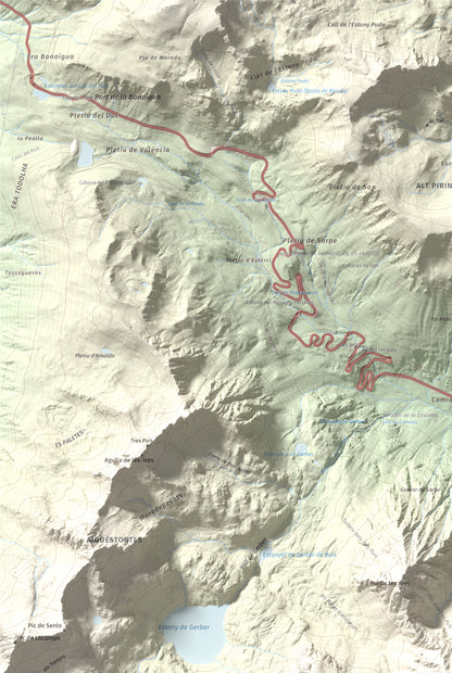 Mapa de relieve de Pui de la Bonaigua, 2778 m, Pallars Sobirà, lámina 100 Cims de Trobart. Detalle de la zona superior izquierda. 61 × 91 cm.