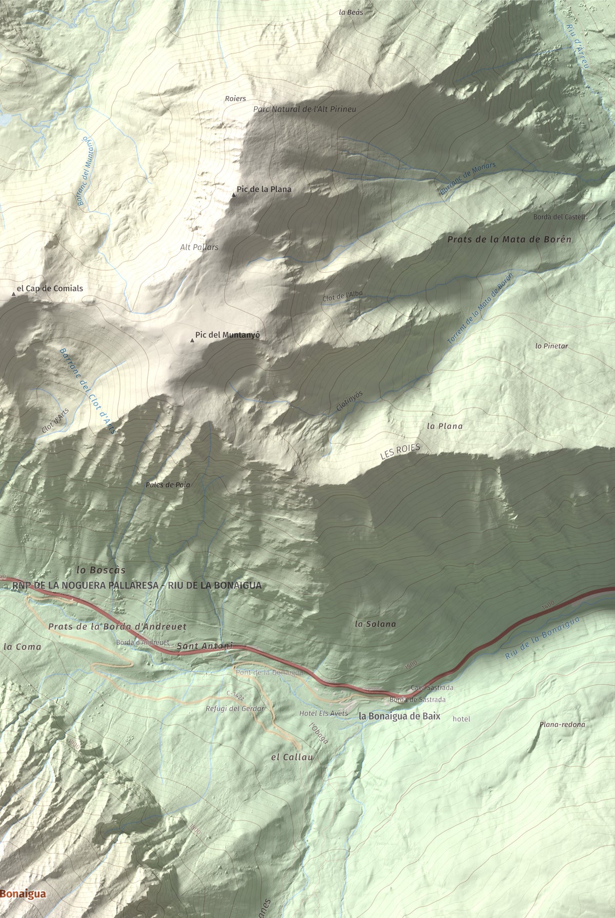 Mapa de relieve de Pui de la Bonaigua, 2778 m, Pallars Sobirà, lámina 100 Cims de Trobart. Detalle de la zona superior derecha. 61 × 91 cm.