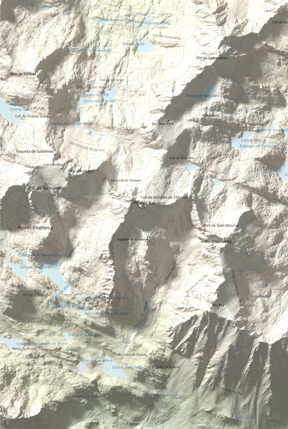Mapa de relieve de Pui de la Bonaigua, 2778 m, Pallars Sobirà, lámina 100 Cims de Trobart. Detalle de la zona inferior izquierda. 61 × 91 cm.