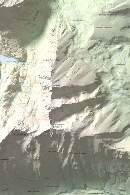 Mapa de relieve de Pui de la Bonaigua, 2778 m, Pallars Sobirà, lámina 100 Cims de Trobart. Detalle de la zona inferior derecha. 61 × 91 cm.