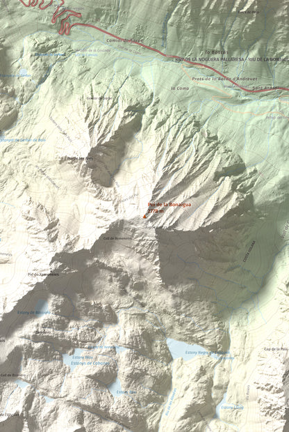 Mapa de relieve de Pui de la Bonaigua, 2778 m, Pallars Sobirà, lámina 100 Cims de Trobart. Detalle de la zona central. 61 × 91 cm.