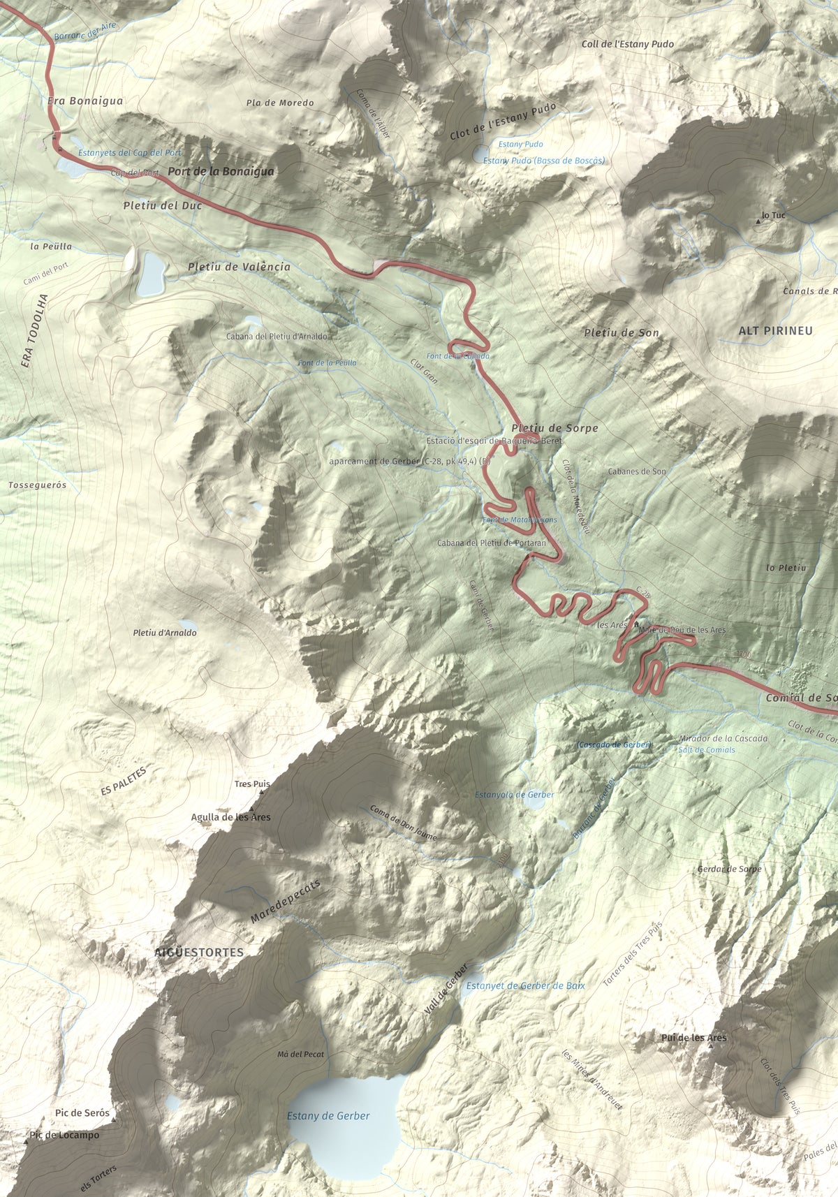 Mapa de relieve de Pui de la Bonaigua, 2778 m, Pallars Sobirà, lámina 100 Cims de Trobart. Detalle de la zona superior izquierda. 70 × 100 cm.