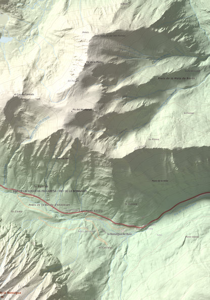 Mapa de relieve de Pui de la Bonaigua, 2778 m, Pallars Sobirà, lámina 100 Cims de Trobart. Detalle de la zona superior derecha. 70 × 100 cm.