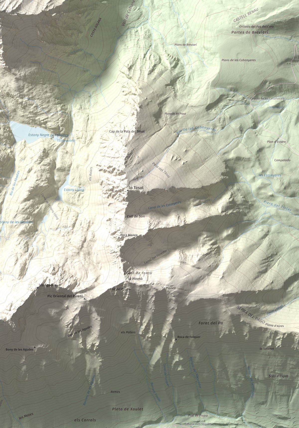Mapa de relieve de Pui de la Bonaigua, 2778 m, Pallars Sobirà, lámina 100 Cims de Trobart. Detalle de la zona inferior derecha. 70 × 100 cm.