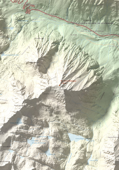 Mapa de relieve de Pui de la Bonaigua, 2778 m, Pallars Sobirà, lámina 100 Cims de Trobart. Detalle de la zona central. 70 × 100 cm.