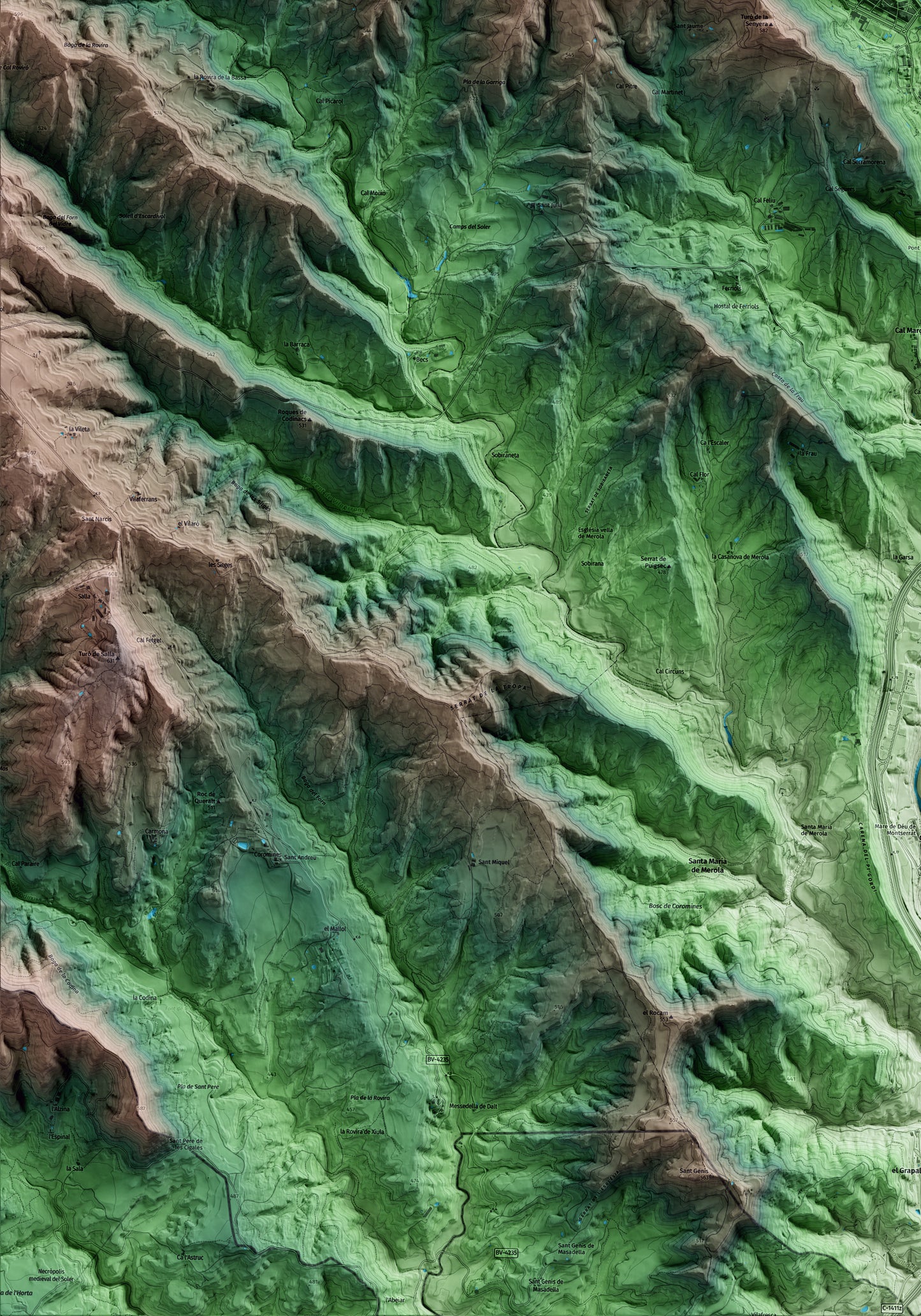 Mapa artístico del relieve de Puig-reig, al Berguedà, con 15 km de entorno y base topográfica ICGC. Detalle de la zona inferior izquierda.