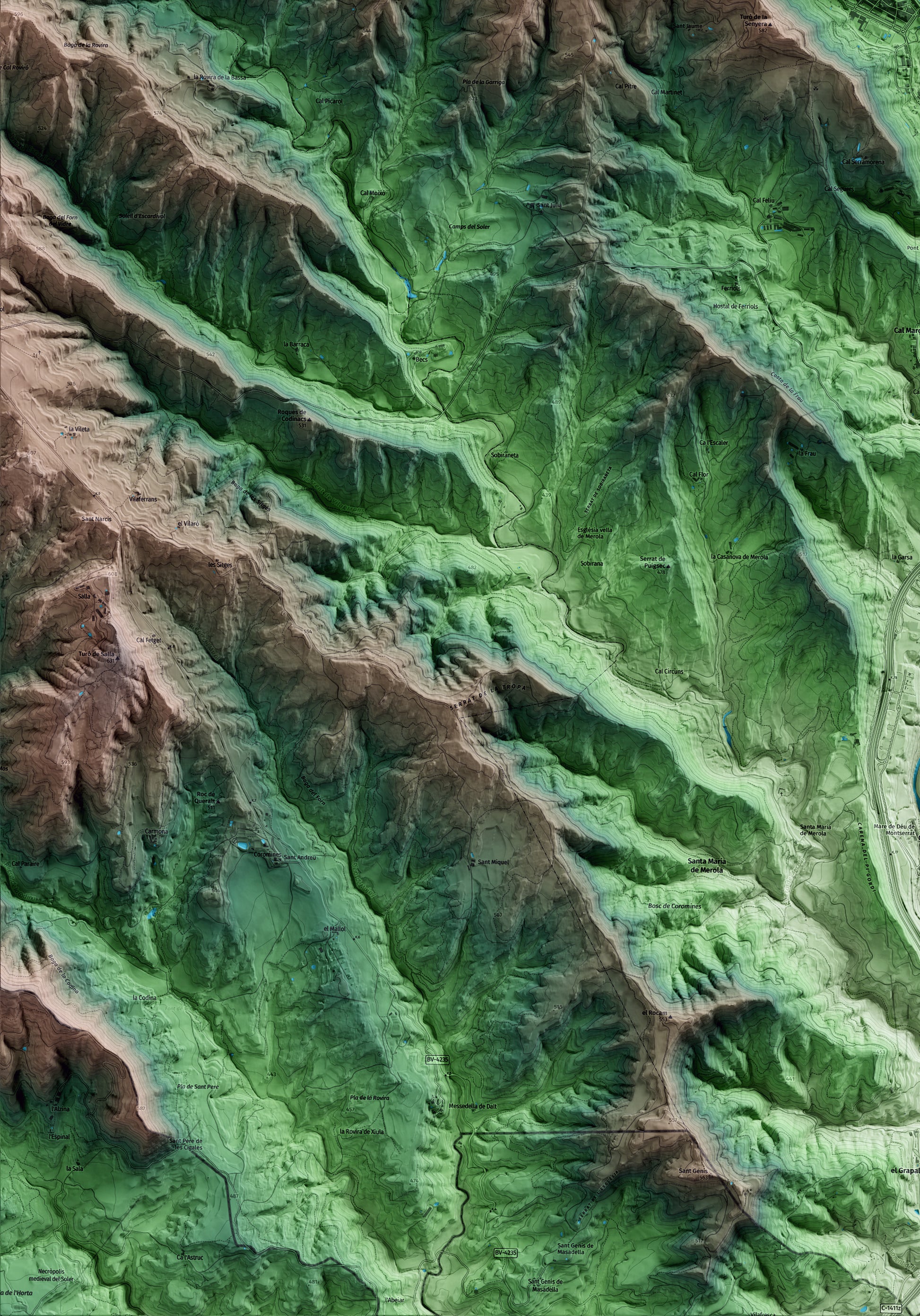 Mapa artístico del relieve de Puig-reig, al Berguedà, con 15 km de entorno y base topográfica ICGC. Detalle de la zona inferior izquierda.