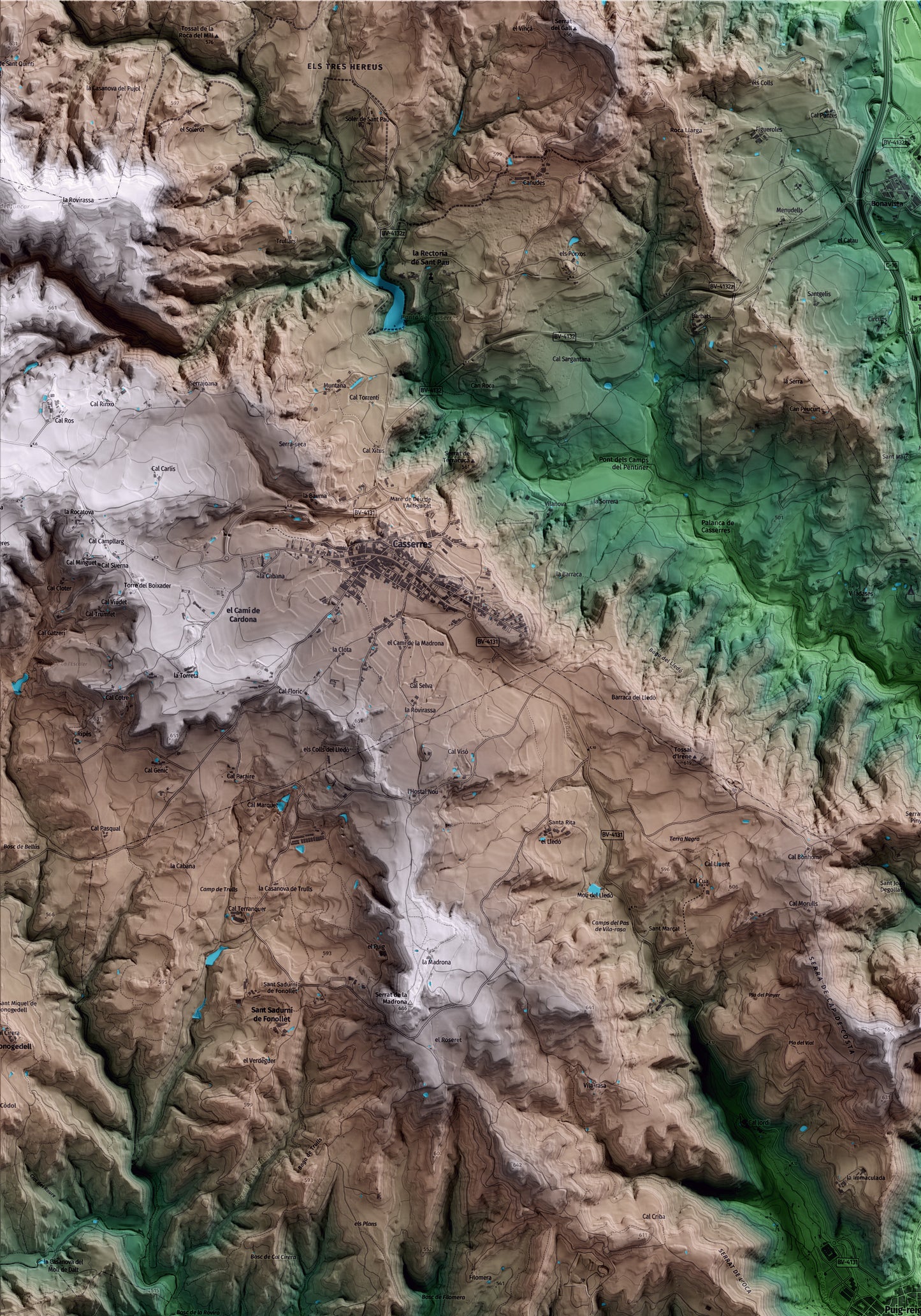Mapa artístico del relieve de Puig-reig, al Berguedà, con 15 km de entorno y base topográfica ICGC. Detalle de la zona superior izquierda.