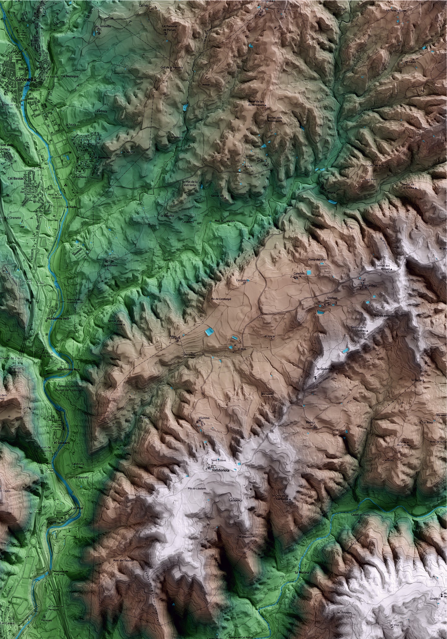 Mapa artístico del relieve de Puig-reig, al Berguedà, con 15 km de entorno y base topográfica ICGC. Detalle de la zona superior derecha.