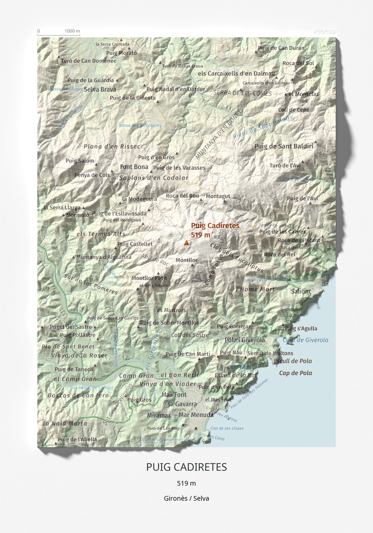 Mapa de relieve de Puig Cadiretes, 519 m, Gironès · Selva, lámina 100 Cims de Trobart 21 × 30 cm.
