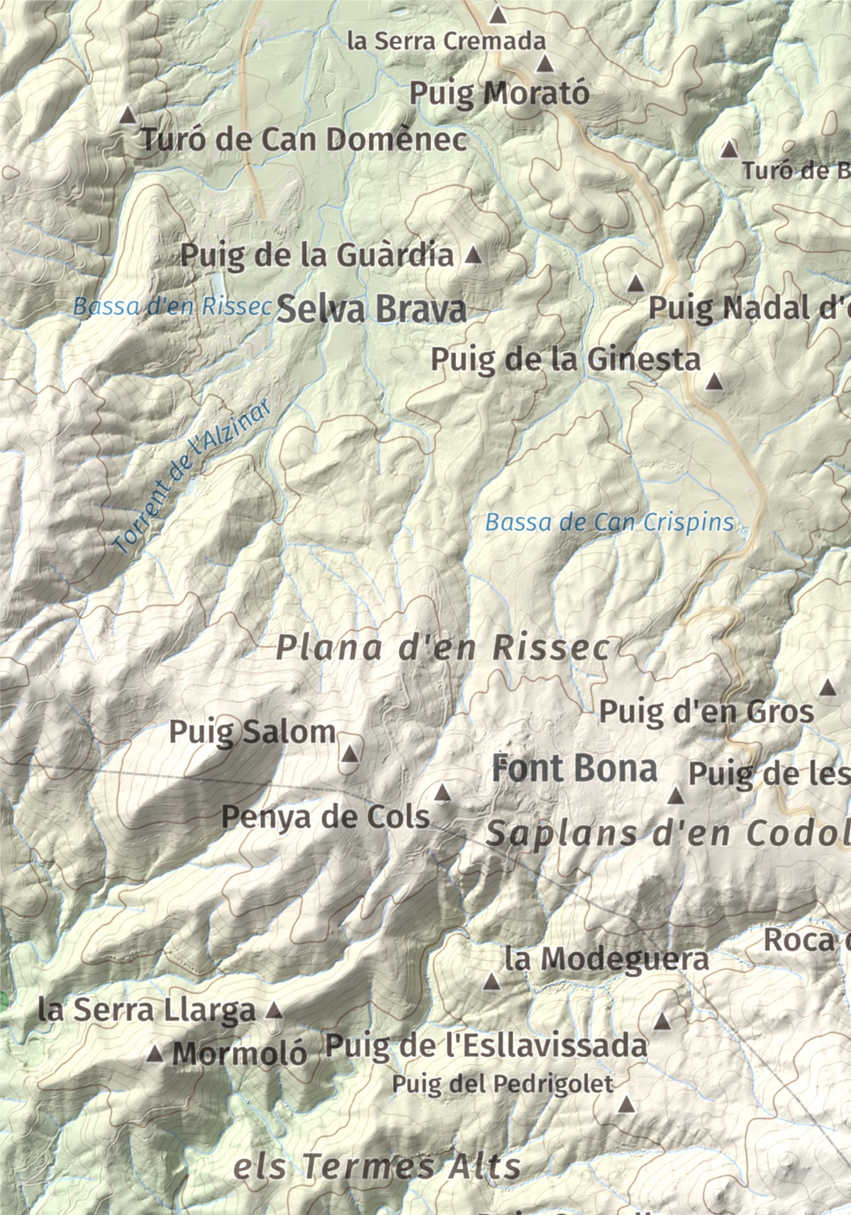 Mapa de relieve de Puig Cadiretes, 519 m, Gironès · Selva, lámina 100 Cims de Trobart. Detalle de la zona superior izquierda. 21 × 30 cm.