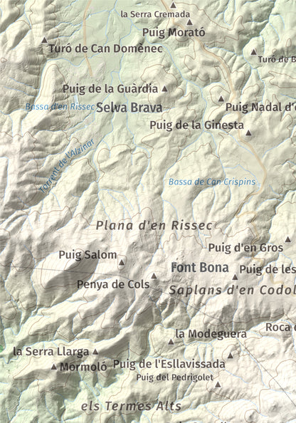 Mapa de relieve de Puig Cadiretes, 519 m, Gironès · Selva, lámina 100 Cims de Trobart. Detalle de la zona superior izquierda. 21 × 30 cm.