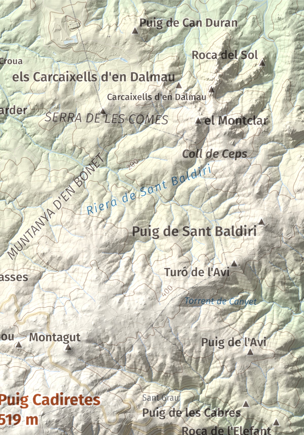 Mapa de relieve de Puig Cadiretes, 519 m, Gironès · Selva, lámina 100 Cims de Trobart. Detalle de la zona superior derecha. 21 × 30 cm.