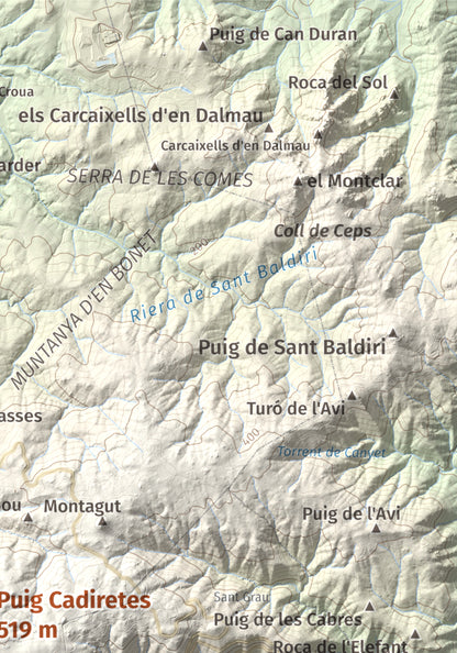 Mapa de relieve de Puig Cadiretes, 519 m, Gironès · Selva, lámina 100 Cims de Trobart. Detalle de la zona superior derecha. 21 × 30 cm.