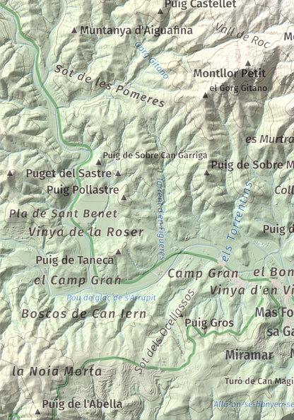 Mapa de relieve de Puig Cadiretes, 519 m, Gironès · Selva, lámina 100 Cims de Trobart. Detalle de la zona inferior izquierda. 21 × 30 cm.