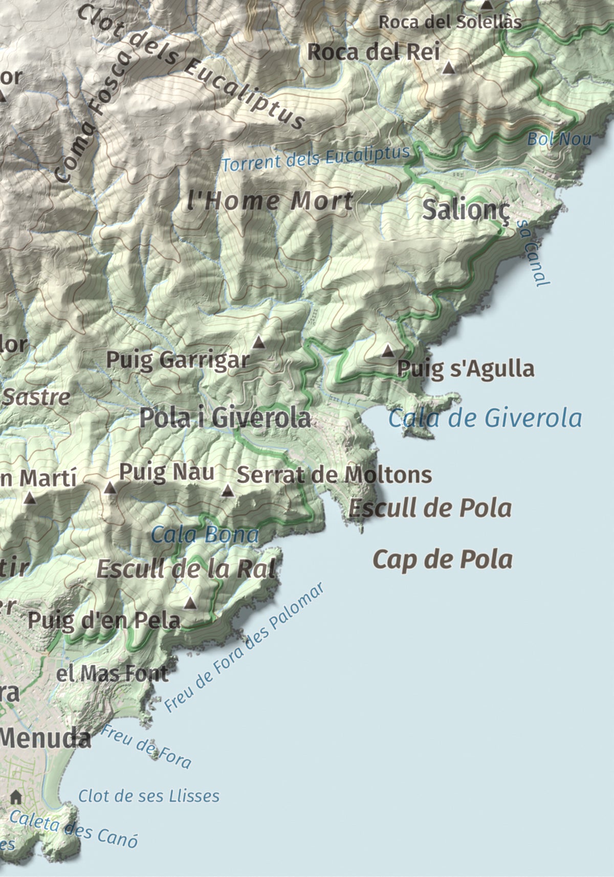 Mapa de relieve de Puig Cadiretes, 519 m, Gironès · Selva, lámina 100 Cims de Trobart. Detalle de la zona inferior derecha. 21 × 30 cm.