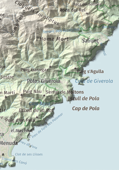 Mapa de relieve de Puig Cadiretes, 519 m, Gironès · Selva, lámina 100 Cims de Trobart. Detalle de la zona inferior derecha. 21 × 30 cm.