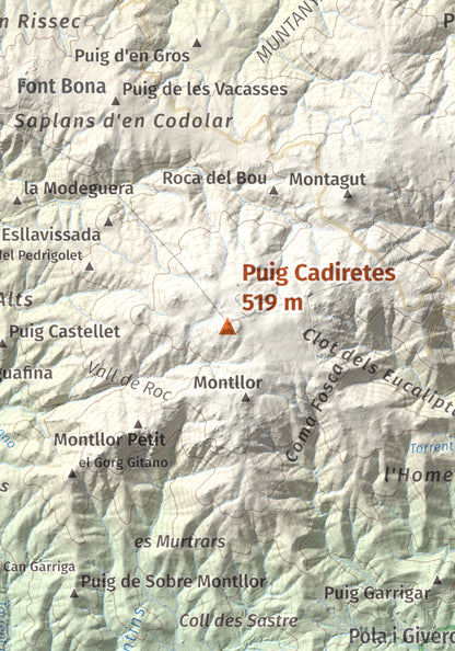 Mapa de relieve de Puig Cadiretes, 519 m, Gironès · Selva, lámina 100 Cims de Trobart. Detalle de la zona central. 21 × 30 cm.