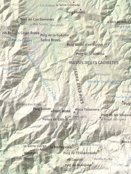 Mapa de relieve de Puig Cadiretes, 519 m, Gironès · Selva, lámina 100 Cims de Trobart. Detalle de la zona superior izquierda. 30 × 40 cm.