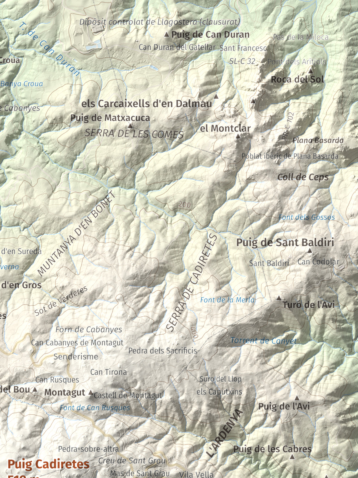 Mapa de relieve de Puig Cadiretes, 519 m, Gironès · Selva, lámina 100 Cims de Trobart. Detalle de la zona superior derecha. 30 × 40 cm.