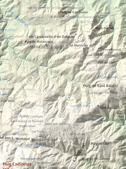 Mapa de relieve de Puig Cadiretes, 519 m, Gironès · Selva, lámina 100 Cims de Trobart. Detalle de la zona superior derecha. 30 × 40 cm.