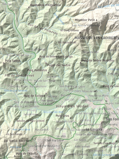 Mapa de relieve de Puig Cadiretes, 519 m, Gironès · Selva, lámina 100 Cims de Trobart. Detalle de la zona inferior izquierda. 30 × 40 cm.